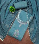 Teal cotton silk embroidered unstitched dress material