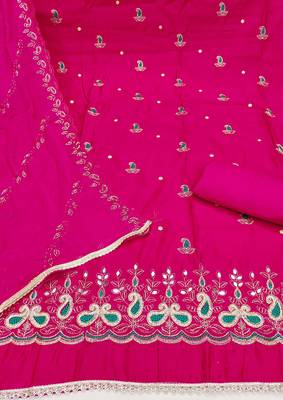 Magenta cotton silk embroidered unstitched dress material 3