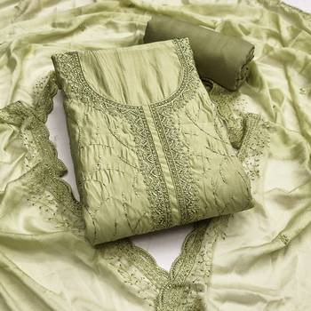 Green cotton silk embroidered unstitched dress material 2