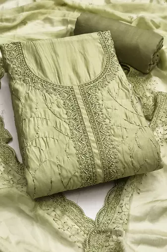Green cotton silk embroidered unstitched dress material