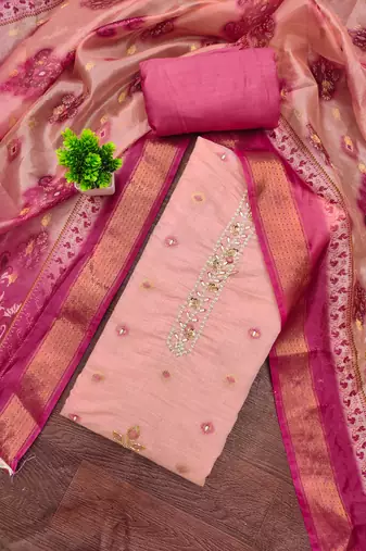Pink banarasi embellished unstitched dress material