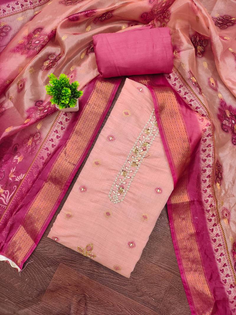 Pink banarasi embellished unstitched dress material