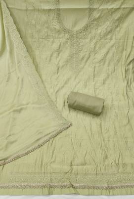 Green cotton silk embroidered unstitched dress material 3