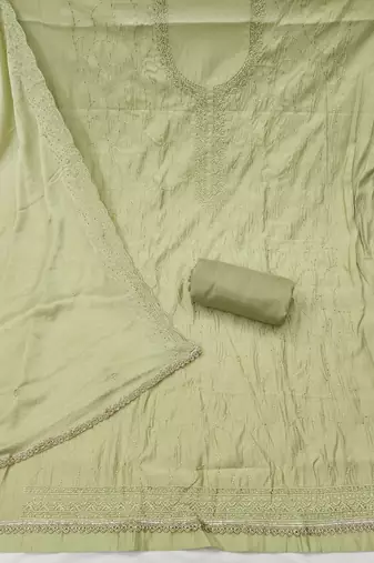 Green cotton silk embroidered unstitched dress material