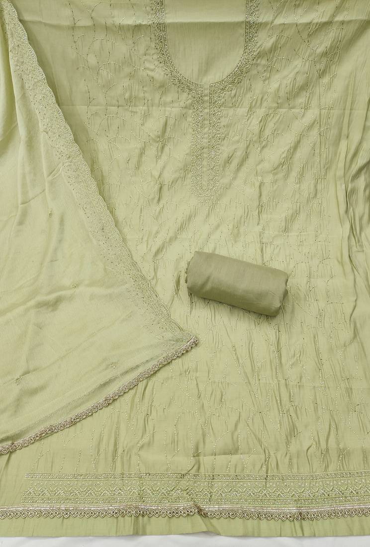 Green cotton silk embroidered unstitched dress material