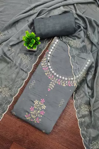 Grey cotton silk embroidered unstitched dress material