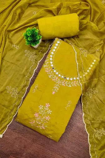 Mehendi cotton silk embroidered unstitched dress material