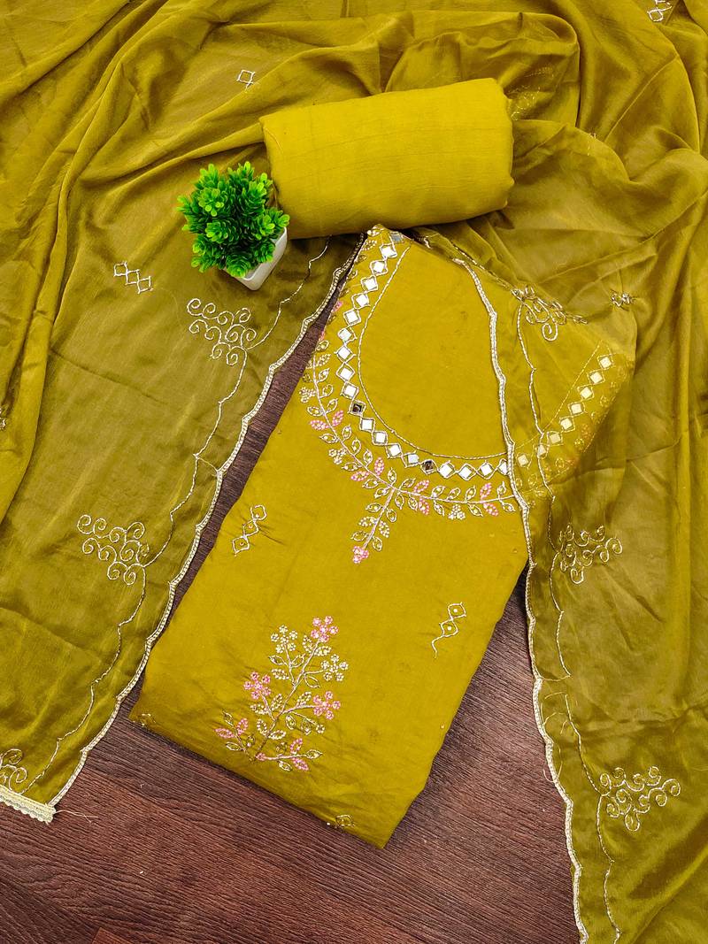 Mehendi cotton silk embroidered unstitched dress material