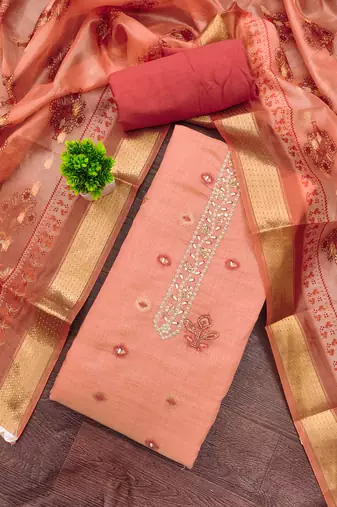 Peach banarasi embellished unstitched dress material