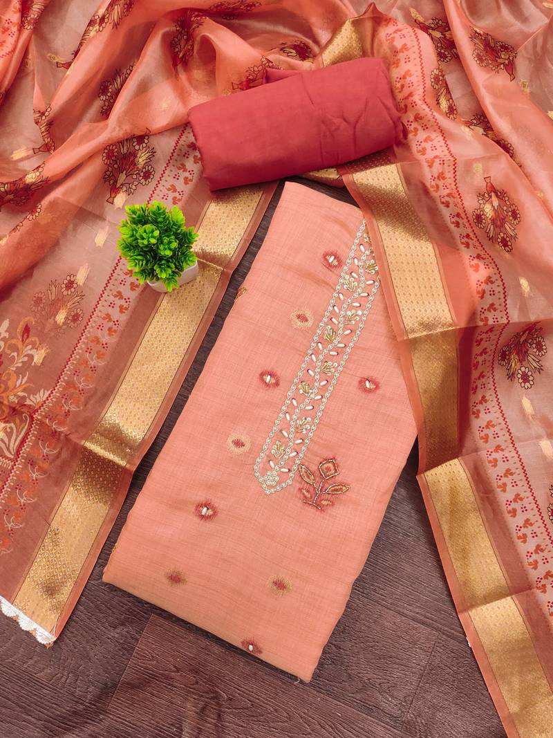 Peach banarasi embellished unstitched dress material