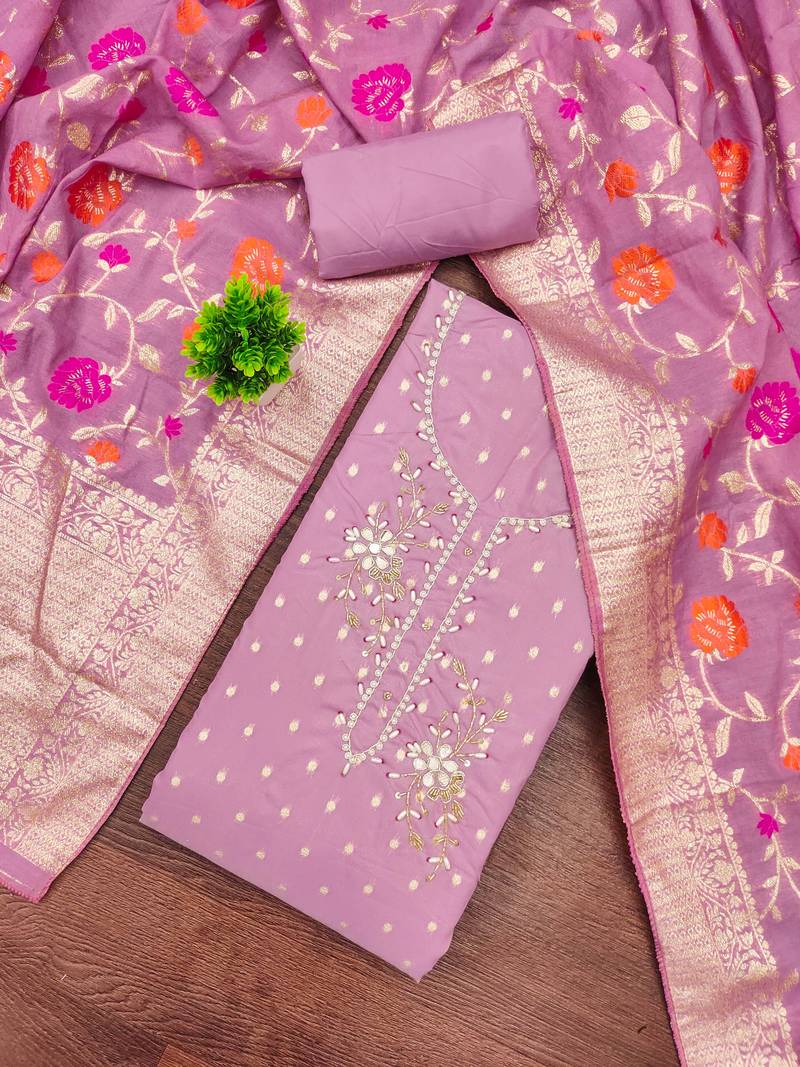 Lavender shimmer banarasi embellished unstitched dress material