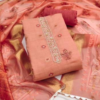 Peach banarasi embellished unstitched dress material 2