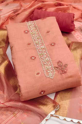 Peach banarasi embellished unstitched dress material