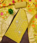 Yellow shimmer banarasi embellished unstitched dress material