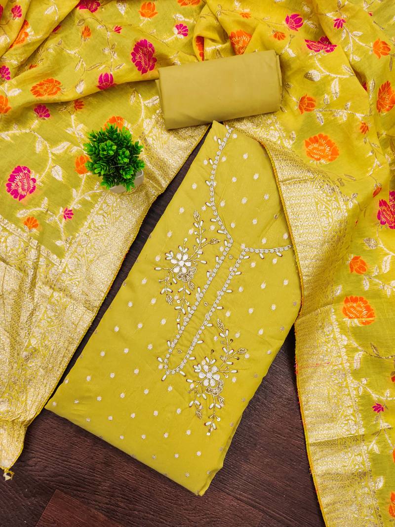 Yellow shimmer banarasi embellished unstitched dress material