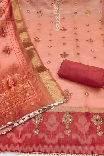 Peach banarasi embellished unstitched dress material