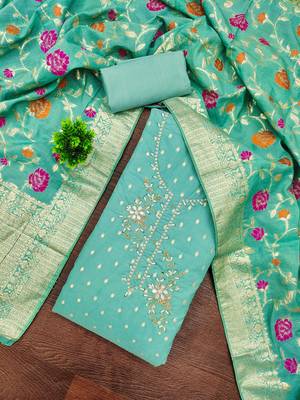 Turquoise shimmer banarasi embellished unstitched dress material 1