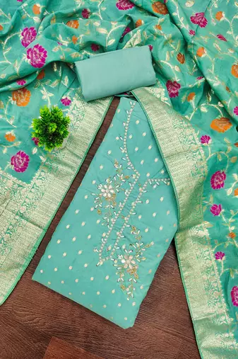 Turquoise shimmer banarasi embellished unstitched dress material