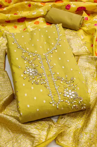Yellow shimmer banarasi embellished unstitched dress material