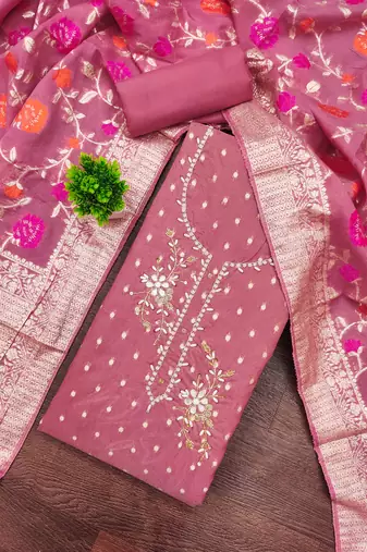 Pink shimmer banarasi embellished unstitched dress material
