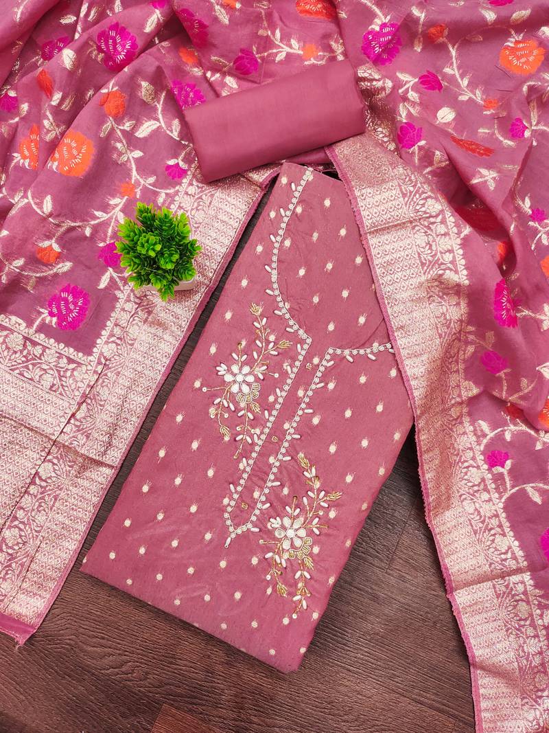 Pink shimmer banarasi embellished unstitched dress material