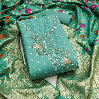 Turquoise shimmer banarasi embellished unstitched dress material 2