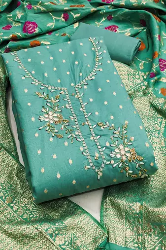 Turquoise shimmer banarasi embellished unstitched dress material