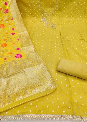 Yellow shimmer banarasi embellished unstitched dress material 3