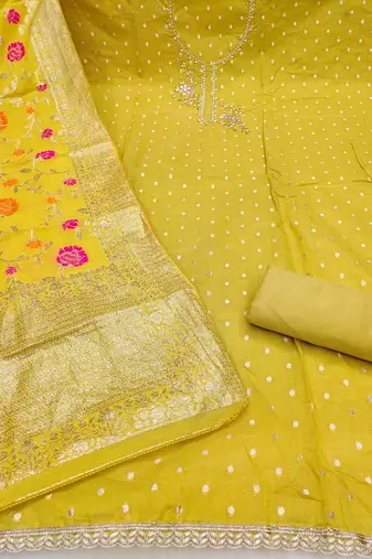 Yellow shimmer banarasi embellished unstitched dress material