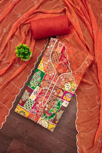 Rust viscose banarasi embellished unstitched dress material