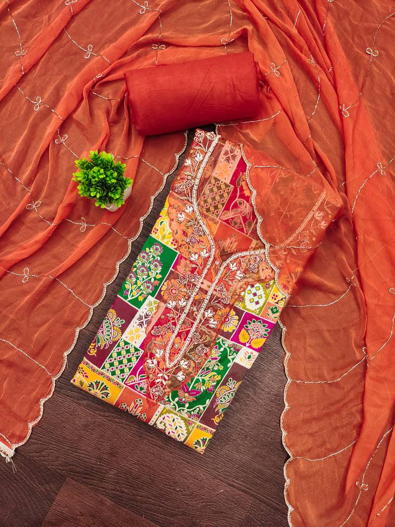 Rust viscose banarasi embellished unstitched dress material