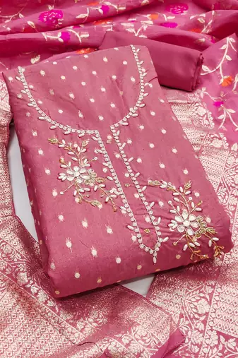 Pink shimmer banarasi embellished unstitched dress material