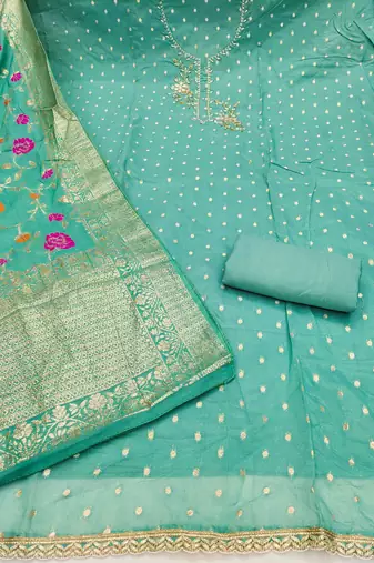 Turquoise shimmer banarasi embellished unstitched dress material