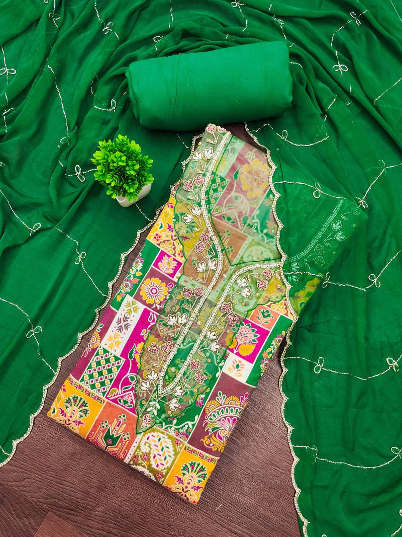 Green viscose banarasi embellished unstitched dress material