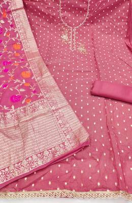 Pink shimmer banarasi embellished unstitched dress material 3