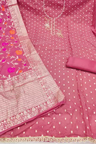 Pink shimmer banarasi embellished unstitched dress material