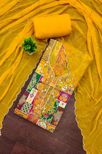 Yellow viscose banarasi embellished unstitched dress material