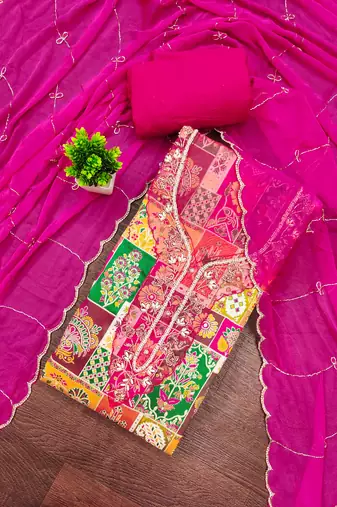 Magenta viscose banarasi embellished unstitched dress material