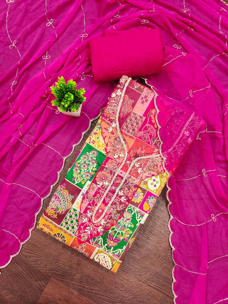 Magenta viscose banarasi embellished unstitched dress material