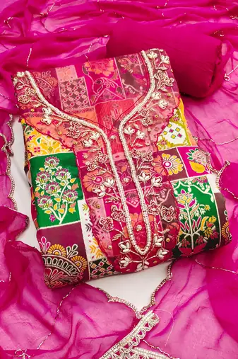 Magenta viscose banarasi embellished unstitched dress material