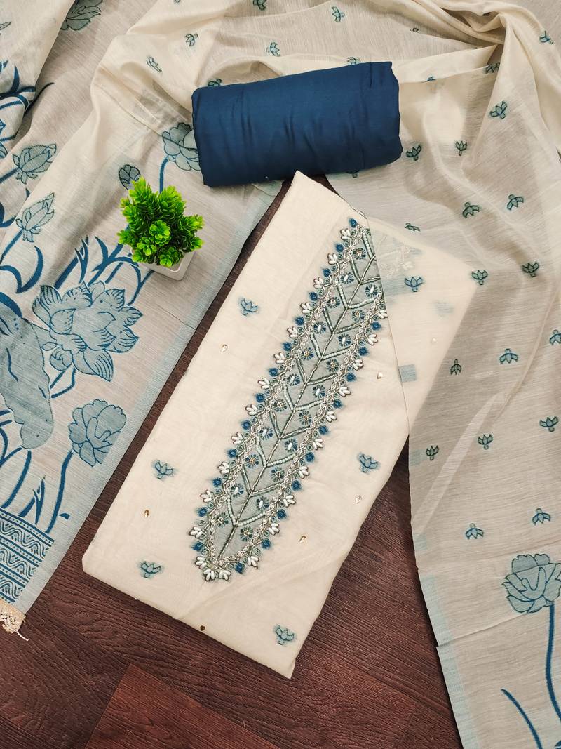 Blue banarasi printed unstitched dress material