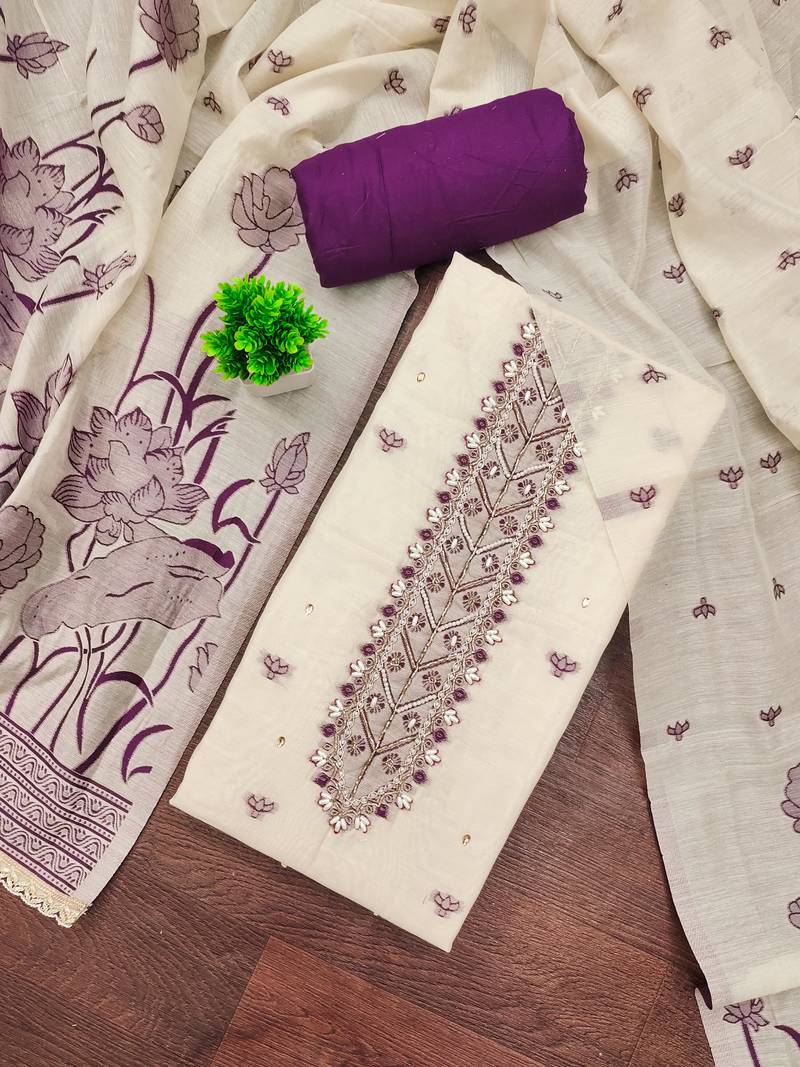 Purple banarasi printed unstitched dress material