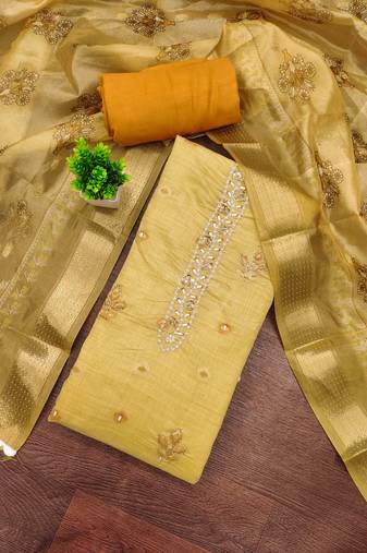 Yellow banarasi embellished unstitched dress material