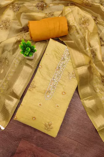 Yellow banarasi embellished unstitched dress material