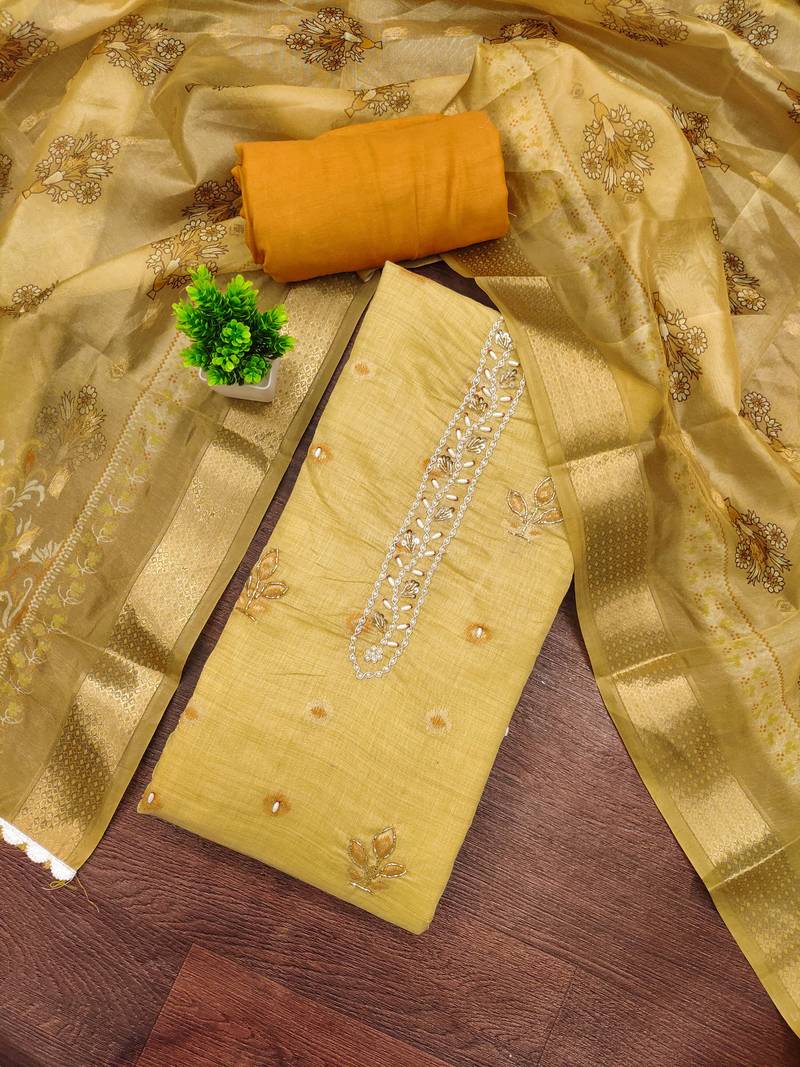 Yellow banarasi embellished unstitched dress material