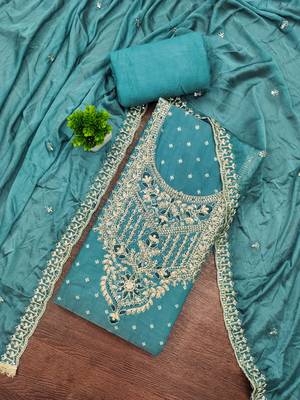 Blue modal chanderi embroidered unstitched dress material 1
