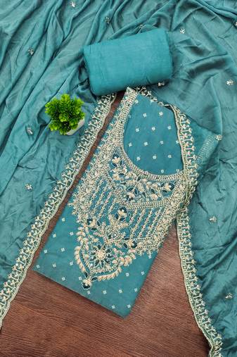 Blue modal chanderi embroidered unstitched dress material