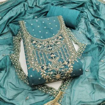 Blue modal chanderi embroidered unstitched dress material 2