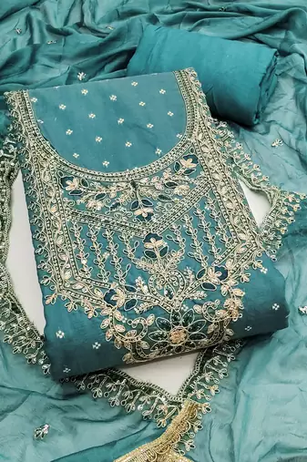 Blue modal chanderi embroidered unstitched dress material