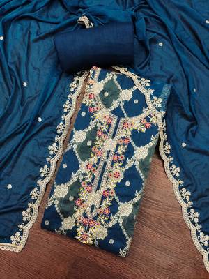 Dark blue cotton silk woven unstitched dress material 1